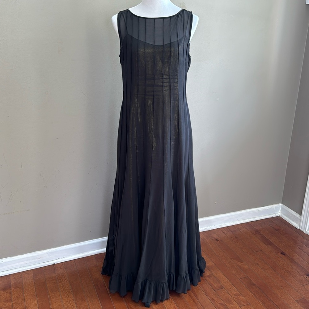 Rickie Freeman Tori Jon 100% Silk Gray Dress with Gold Metallic Silk Linen Sz 10